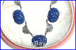 ATQ Art DECO Sterling Silver Carved Dark Blue Celluloid Marcasites Necklace FNC