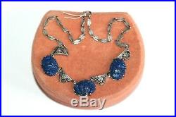 ATQ Art DECO Sterling Silver Carved Dark Blue Celluloid Marcasites Necklace FNC