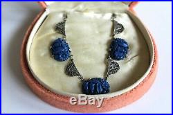 ATQ Art DECO Sterling Silver Carved Dark Blue Celluloid Marcasites Necklace FNC