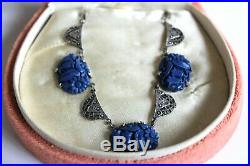 ATQ Art DECO Sterling Silver Carved Dark Blue Celluloid Marcasites Necklace FNC