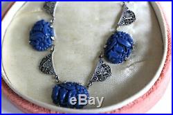 ATQ Art DECO Sterling Silver Carved Dark Blue Celluloid Marcasites Necklace FNC