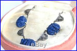 ATQ Art DECO Sterling Silver Carved Dark Blue Celluloid Marcasites Necklace FNC