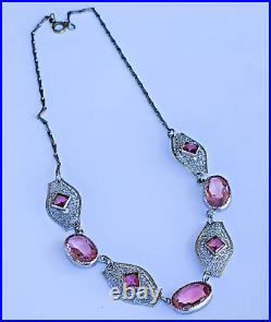 Amazing 1920's ART DECO Czech Silver Plated Filigree Pink Glass Necklace