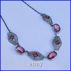 Amazing 1920's ART DECO Czech Silver Plated Filigree Pink Glass Necklace