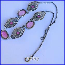 Amazing 1920's ART DECO Czech Silver Plated Filigree Pink Glass Necklace