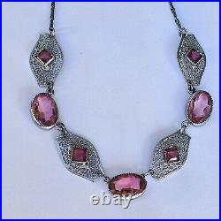 Amazing 1920's ART DECO Czech Silver Plated Filigree Pink Glass Necklace