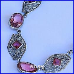 Amazing 1920's ART DECO Czech Silver Plated Filigree Pink Glass Necklace