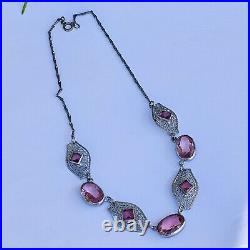 Amazing 1920's ART DECO Czech Silver Plated Filigree Pink Glass Necklace