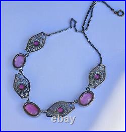 Amazing 1920's ART DECO Czech Silver Plated Filigree Pink Glass Necklace