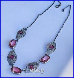 Amazing 1920's ART DECO Czech Silver Plated Filigree Pink Glass Necklace