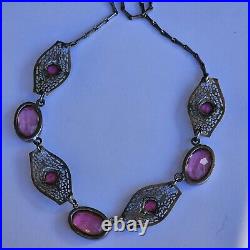 Amazing 1920's ART DECO Czech Silver Plated Filigree Pink Glass Necklace