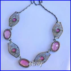 Amazing 1920's ART DECO Czech Silver Plated Filigree Pink Glass Necklace