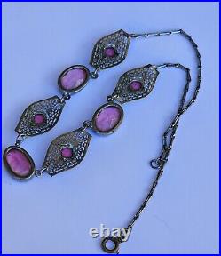 Amazing 1920's ART DECO Czech Silver Plated Filigree Pink Glass Necklace