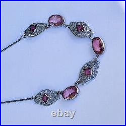 Amazing 1920's ART DECO Czech Silver Plated Filigree Pink Glass Necklace