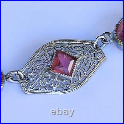 Amazing 1920's ART DECO Czech Silver Plated Filigree Pink Glass Necklace