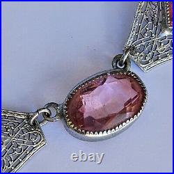 Amazing 1920's ART DECO Czech Silver Plated Filigree Pink Glass Necklace