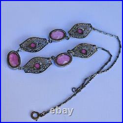 Amazing 1920's ART DECO Czech Silver Plated Filigree Pink Glass Necklace