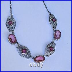 Amazing 1920's ART DECO Czech Silver Plated Filigree Pink Glass Necklace