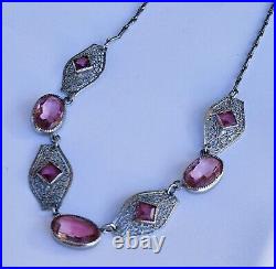 Amazing 1920's ART DECO Czech Silver Plated Filigree Pink Glass Necklace