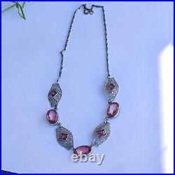 Amazing 1920's ART DECO Czech Silver Plated Filigree Pink Glass Necklace