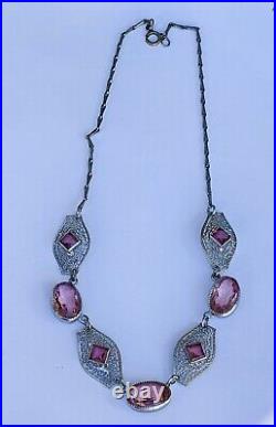 Amazing 1920's ART DECO Czech Silver Plated Filigree Pink Glass Necklace