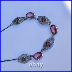 Amazing 1920's ART DECO Czech Silver Plated Filigree Pink Glass Necklace