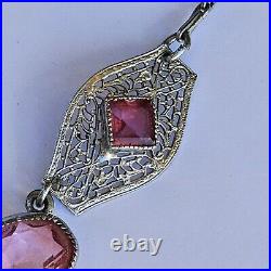 Amazing 1920's ART DECO Czech Silver Plated Filigree Pink Glass Necklace