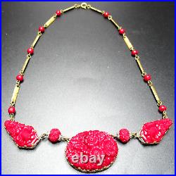 Amazing Art Deco Antique Red Molded Flower Necklace