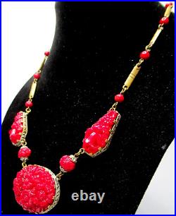 Amazing Art Deco Antique Red Molded Flower Necklace