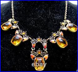 Amazing Enamel Leaves Prong Tooth Cognac Glass Art Deco Antique Necklace