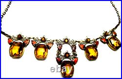 Amazing Enamel Leaves Prong Tooth Cognac Glass Art Deco Antique Necklace