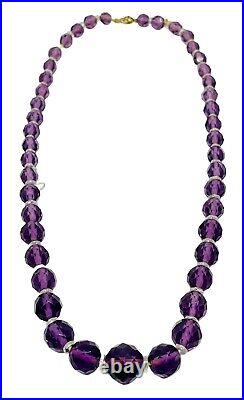 Antique 10K Art Deco Circa 1920 Amethyst Graduated Faceted Glass Bead Necklace