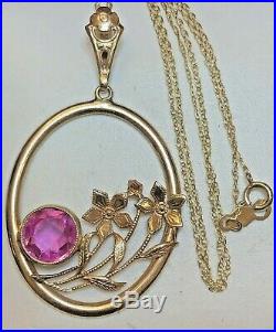 Antique 10k Gold Pink Sapphire Pendant Necklace Chain 18' Gemstone Art Deco
