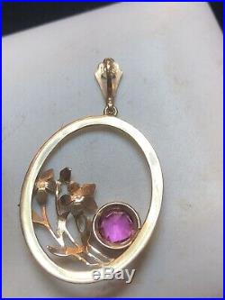 Antique 10k Gold Pink Sapphire Pendant Necklace Chain 18' Gemstone Art Deco