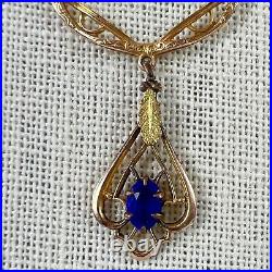 Antique 14-karat gold Art Deco Necklace Blue Stone Pendant
