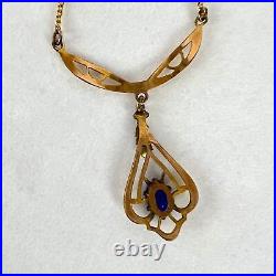 Antique 14-karat gold Art Deco Necklace Blue Stone Pendant