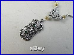 Antique 14K Solid White Gold Necklace Chain Art Deco Pearl Sapphire Diamond Vtg