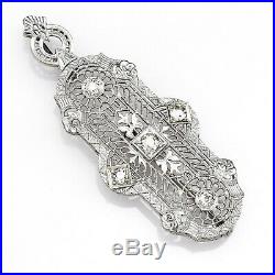 Antique 14K White Gold 0.61 TCW Diamond Art Deco Brooch Pin Long Necklace 9.8 G
