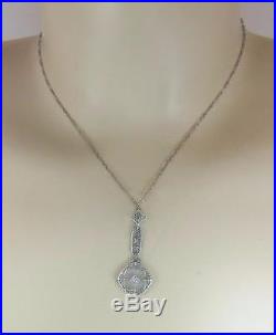Antique 14K White Gold Camphor Glass Genuine Diamond Art Deco Pendant Necklace