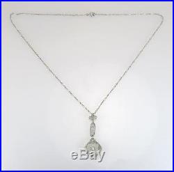 Antique 14K White Gold Camphor Glass Genuine Diamond Art Deco Pendant Necklace