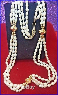 Antique 14k Gold Art Deco Natural Pearl Necklace 3 Strand 30' Wedding Bridal
