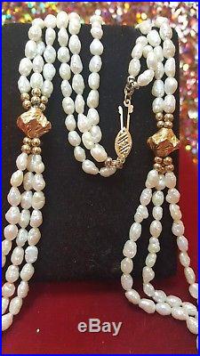 Antique 14k Gold Art Deco Natural Pearl Necklace 3 Strand 30' Wedding Bridal