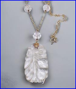 Antique 14k Gold Art Deco Rock Crystal Carved Antique Pendant Necklace 16