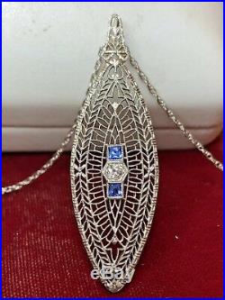 Antique 14k Gold Diamond Sapphire Art Deco Pendant Navette Necklace Victorian