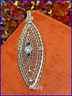 Antique 14k Gold Diamond Sapphire Art Deco Pendant Navette Necklace Victorian