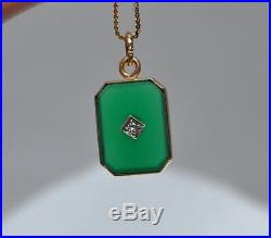 Antique 14k Solid Gold Green Camphor Glass & Diamond Necklace Art Deco 17 Chain