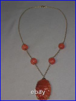 Antique 14k Yellow Gold Carved Carnelian Necklace With Art Deco Bail