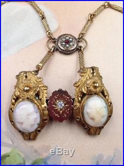 Antique 1880's Victorian Vintage 2 TWIN CAMEO Brooch Art Deco Necklace Pendant