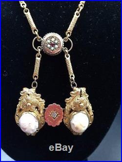 Antique 1880's Victorian Vintage 2 TWIN CAMEO Brooch Art Deco Necklace Pendant