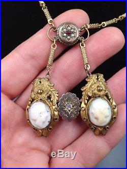 Antique 1880's Victorian Vintage 2 TWIN CAMEO Brooch Art Deco Necklace Pendant